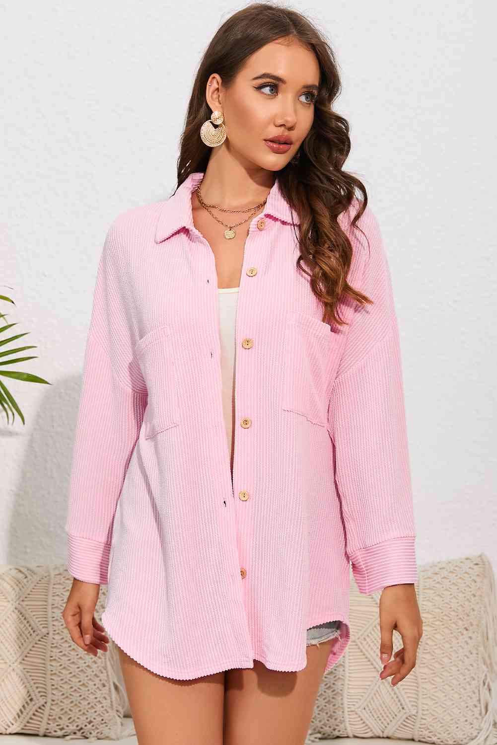 Dropped Shoulder Long Sleeve Shirts with Pocket